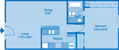 Floor plan for 1 bed, 1 bath, 645 sqft